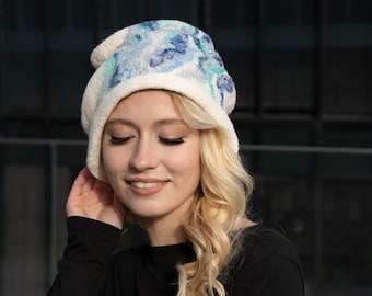Handmade Felted Wool Hat: White with Blue Decor, Size Medium