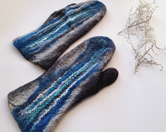 Felted Merino Wool Mittens: Blue Gray Arm Warmers