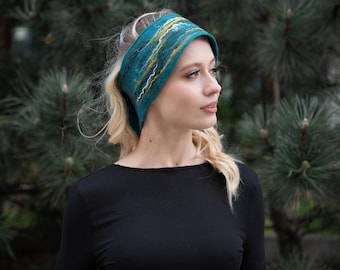 Handmade Teal Wool Felt Headband: Boho Winter Ear Warmer