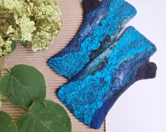 Merino Wool Felted Arm Warmers: Turquoise Blue Gloves, Handmade