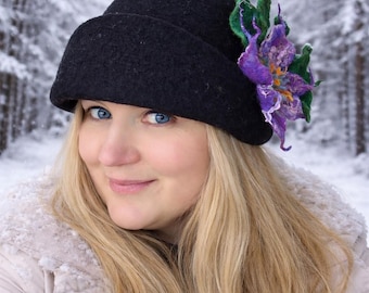 Handmade Merino Wool Hat – Unique Green and Purple Felted Design, Size M