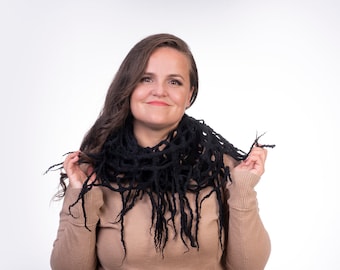Black scarf from merino wool Felt snood woman infinity scarf Ready to send, Christmas gift idea