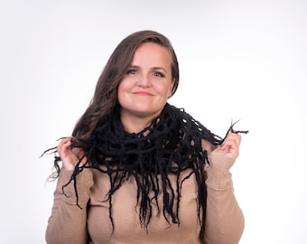 Felted Merino Wool Scarf: Black Infinity Snood