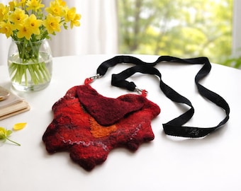 Handmade Merino Wool Felted Bag – Burgundy Maple Leaf Crossbody