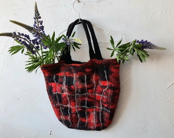 Red felted Unique handbag original colors mix felt tote bag GIFT idea, Ready to send,