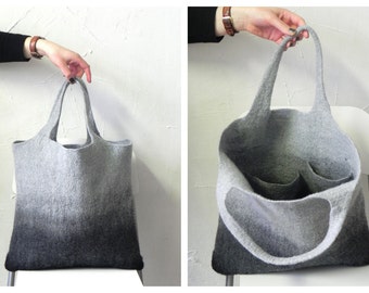 Tote bag Felted Large Wool Bag, Everyday Casual tote Gray black handbag, Great accessory for gift idea