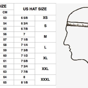 May include: A chart showing head size in inches and centimeters, and corresponding US hat sizes. The chart shows sizes from XS to XXXXL, with corresponding head sizes ranging from 20 3/4 inches to 25 5/8 inches.