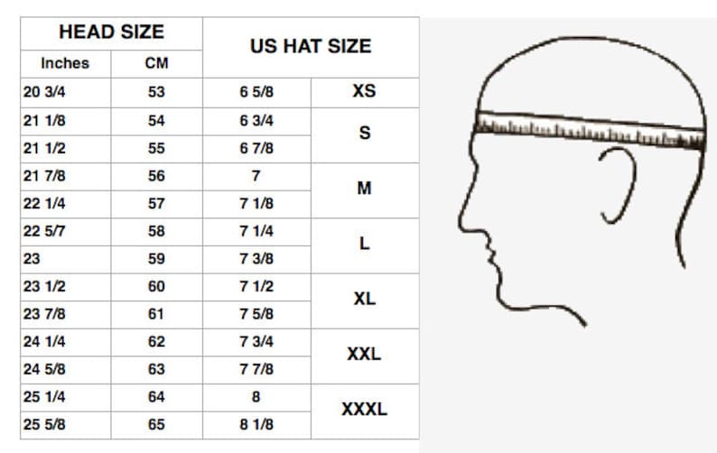 May include: A chart showing head size in inches and centimeters, and corresponding US hat sizes. The chart shows sizes from XS to XXXXL, with corresponding head sizes ranging from 20 3/4 inches to 25 5/8 inches.