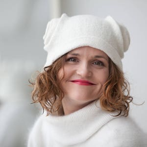 Felted hat white color merino wool warm cap original accessory for winter, gift idea image 1