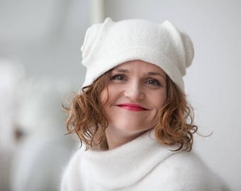 Felted hat white color merino wool warm cap original accessory for winter, gift idea