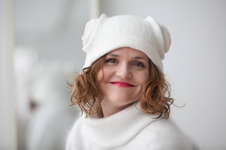 Felted hat white color merino wool warm cap original accessory for winter, gift idea image 1
