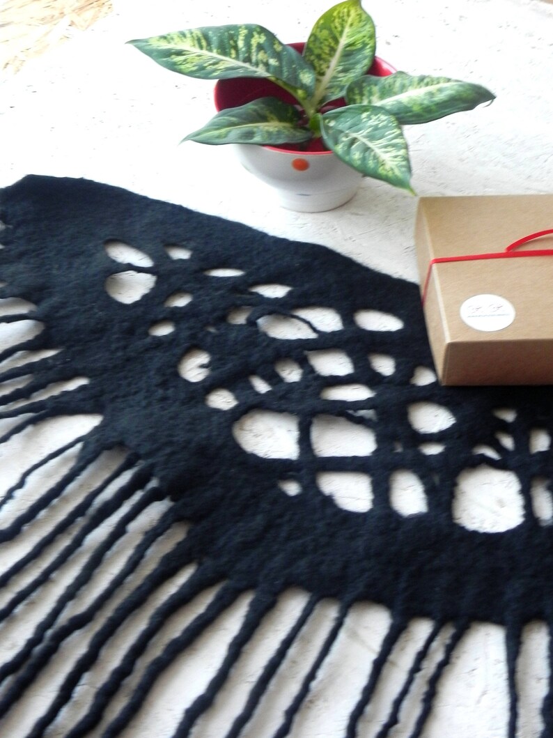 Black felt scarf, felted wool scarf, woman accessory, designer scarf, black accessory, gift for mom, gift for sister, READY to send image 5