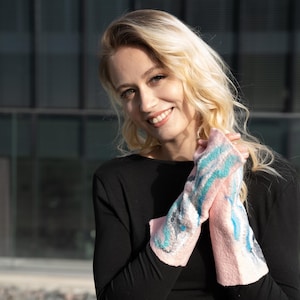 Handmade Merino Wool Felted Wrist Warmers – Soft Pink & Blue Arm Warmers