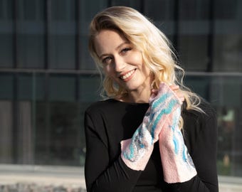 Handmade Merino Wool Felted Wrist Warmers – Soft Pink & Blue Arm Warmers
