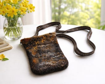 Handmade Felted Merino Wool Crossbody Bag – Embroidered Brown Purse