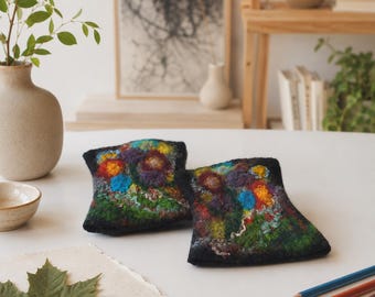 Calentadores de muñeca de fieltro con textura floral, guantes sin dedos de lana bordados, regalo de cumpleaños único, calentadores de brazos coloridos de pradera, Navidad