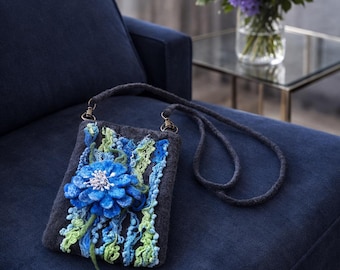 Felted Merino Wool Phone Bag – Blue Floral Appliqué Crossbody Purse