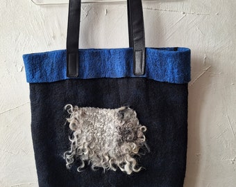 Handmade Merino Wool Felted Handbag: Black Wool & Linen Tote