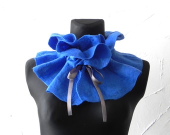 Felted scarf blue color nuno felt scarf Merino wool black Satin Ribbon Ready for shipping Original Gift idea
