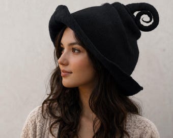 Sombrero de bruja de lana negra afieltrada: Disfraz de Halloween hecho a mano