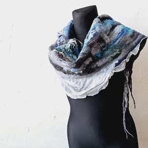 Handmade Felted Merino Wool and Silk Scarf – Blue Gray Nuno Felted Art Shawl with Long Fringe – Unique Textured Wrap