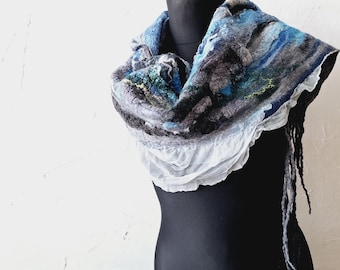 Handmade Nuno Felted Merino Wool Scarf: Blue Gray Art Shawl with Fringe