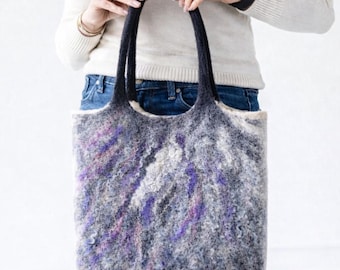 Handmade Felted Wool Tote Bag: Grey & Purple Eco-Friendly Shoulder Bag