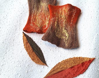 Calentadores de muñeca de fieltro, calentadores de brazos de lana merino, guantes sin dedos Bosque de Otoño, calentadores de manos de fieltro Nuno, manoplas de invierno estilo boho, regalo para ella