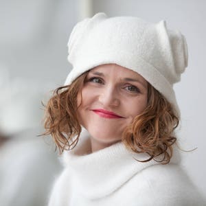 Felted hat white color merino wool warm cap original accessory for winter, gift idea image 3
