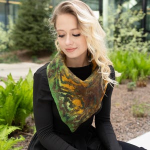 Handmade Felted Wool Scarf, Artistic Nuno Felt Scarf, Green and Orange Wool Neck Warmer