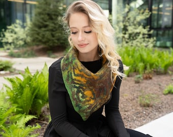 Handmade Nuno Felted Wool Scarf: Green & Orange Neck Warmer