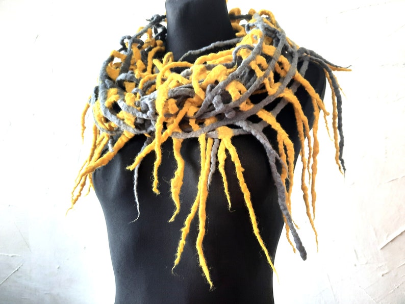 Felted scarf infinity gray yellow colors mix Original fall accessory, Ready to send, Great gift idea image 3