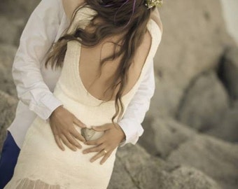Unique Wedding dress - Bridal Dress - nuno felt dress - Dreamy Wedding - white merino wool -  White silk dress - handmade felt dress