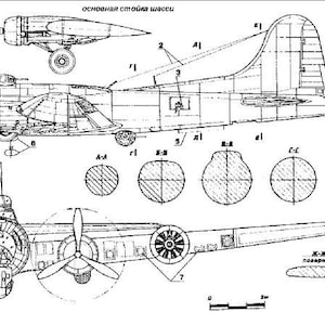 Puede incluir: Un dibujo en blanco y negro de un avión bombardero Boeing B-17 Flying Fortress. El dibujo muestra el avión desde varios ángulos, incluyendo una vista lateral, una vista superior y una vista frontal. El dibujo también incluye detalles del fuselaje, las alas y la cola del avión.