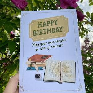 Tarjeta de cumpleaños para amantes de los libros, libros en acuarela, felicitación literaria (descarga digital)