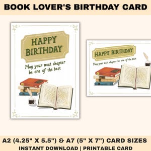 May include: A birthday card for book lovers, with the text "Happy Birthday" in a banner. The card features illustrations of books, an open book, and an inkwell with a quill. Available in A2 (10.8cm x 14cm) and A7 (12.7cm x 17.8cm) sizes.