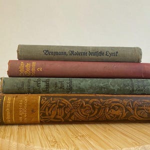 Può includere: Una pila di quattro libri antichi con copertina rigida. Il libro in alto è grigio con il testo nero Benzmann, Moderne deutsche Lyrik. Sotto ci sono un libro bordeaux, un libro verde con testo sbiadito e un libro marrone con nodi celtici dorati in rilievo.