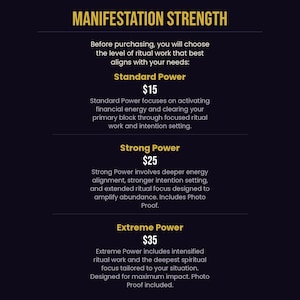 Manifestation strength options showing three tiers: Standard Power 15 dollars, Strong Power 25 dollars with photo proof, Extreme Power 35 dollars with photo proof