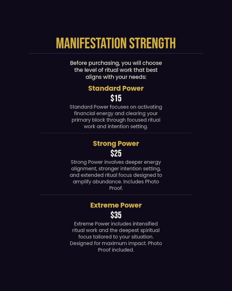 Manifestation strength options showing three tiers: Standard Power 15 dollars, Strong Power 25 dollars with photo proof, Extreme Power 35 dollars with photo proof