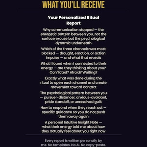 What you will receive infographic showing personalized ritual report contents including communication pattern analysis, three channel assessment for thought emotion and action, psychological dynamic mapping and response guidance