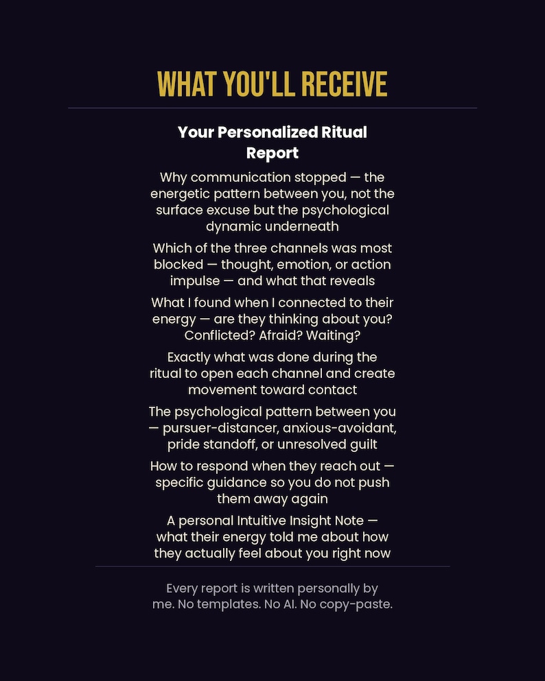 What you will receive infographic showing personalized ritual report contents including communication pattern analysis, three channel assessment for thought emotion and action, psychological dynamic mapping and response guidance