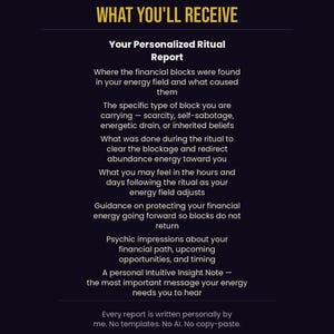What you will receive infographic showing personalized ritual report contents including energy block analysis, guidance, psychic impressions and intuitive insight note