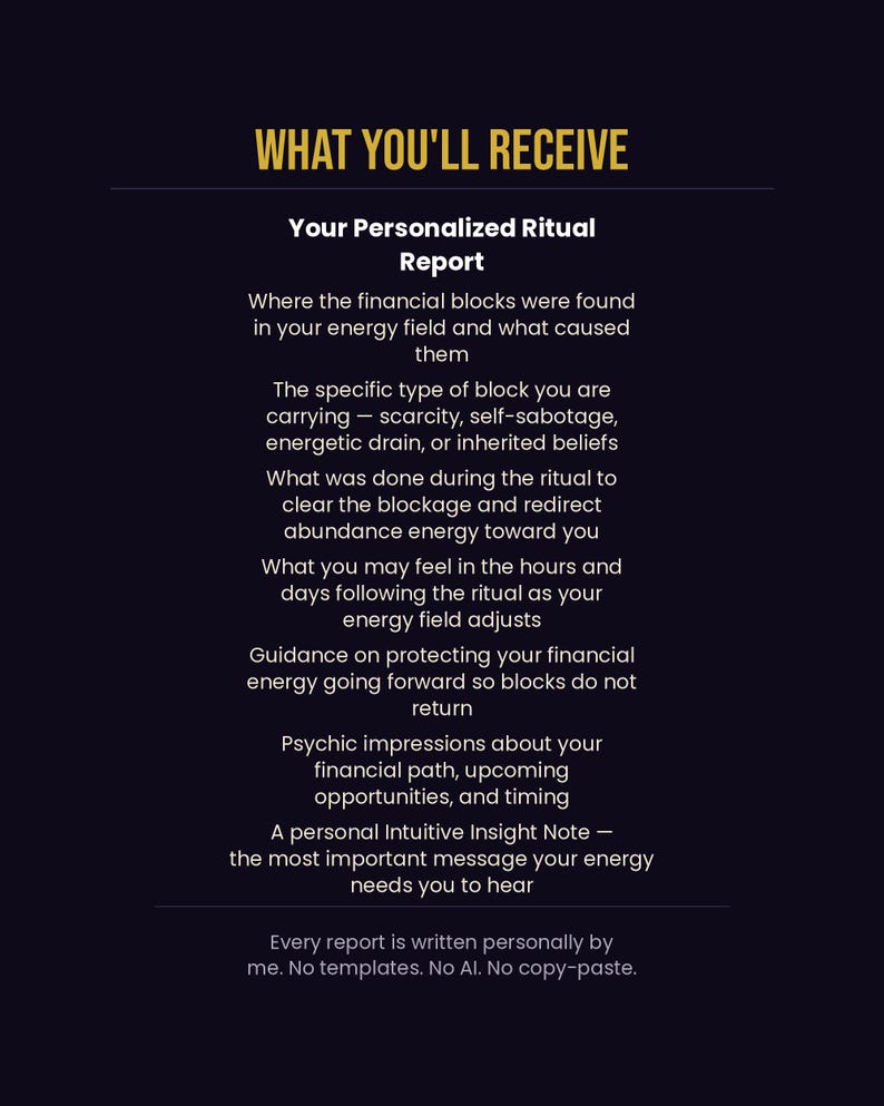 What you will receive infographic showing personalized ritual report contents including energy block analysis, guidance, psychic impressions and intuitive insight note