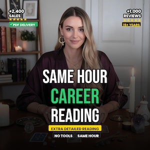 May include: A woman with long blonde hair is centered in the image, with the text "SAME HOUR CAREER READING" in large white and green letters. Additional text includes "EXTRA DETAILED READING" and "NO TOOLS SAME HOUR".
