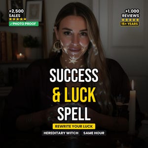 Puede incluir: Una mujer con cabello rubio es iluminada por una luz en forma de estrella, con las palabras "SUCCESS & LUCK SPELL" en texto grande blanco y amarillo. Texto adicional incluye "REWRITE YOUR LUCK", "+2,500 SALES" y "+1,000 REVIEWS".