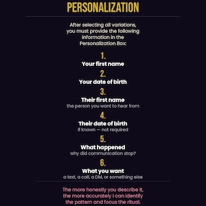 Personalization instructions showing six required details: your first name, date of birth, their first name, their date of birth if known, what happened, and what contact outcome you want