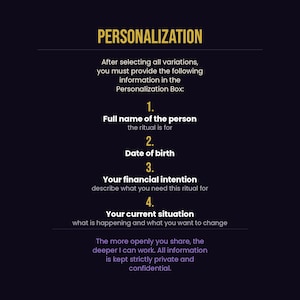 Personalization instructions showing four required details: full name, date of birth, financial intention, and current situation description