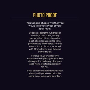 Photo proof explanation showing exclusive ritual photographs included with Strong Power and Extreme Power rituals, created specifically for each client