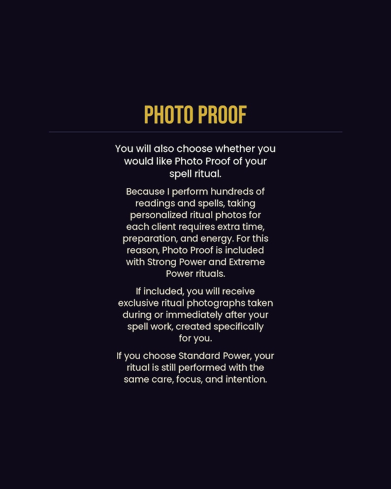 Photo proof explanation showing exclusive ritual photographs included with Strong Power and Extreme Power rituals, created specifically for each client