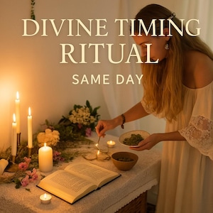 Könnte beinhalten: Eine Frau führt ein Ritual zur göttlichen Zeitbestimmung durch, indem sie Kerzen und Räucherstäbchen anzündet. Der Text "DIVINE TIMING RITUAL SAME DAY" ist an einer weißen Wand angebracht.